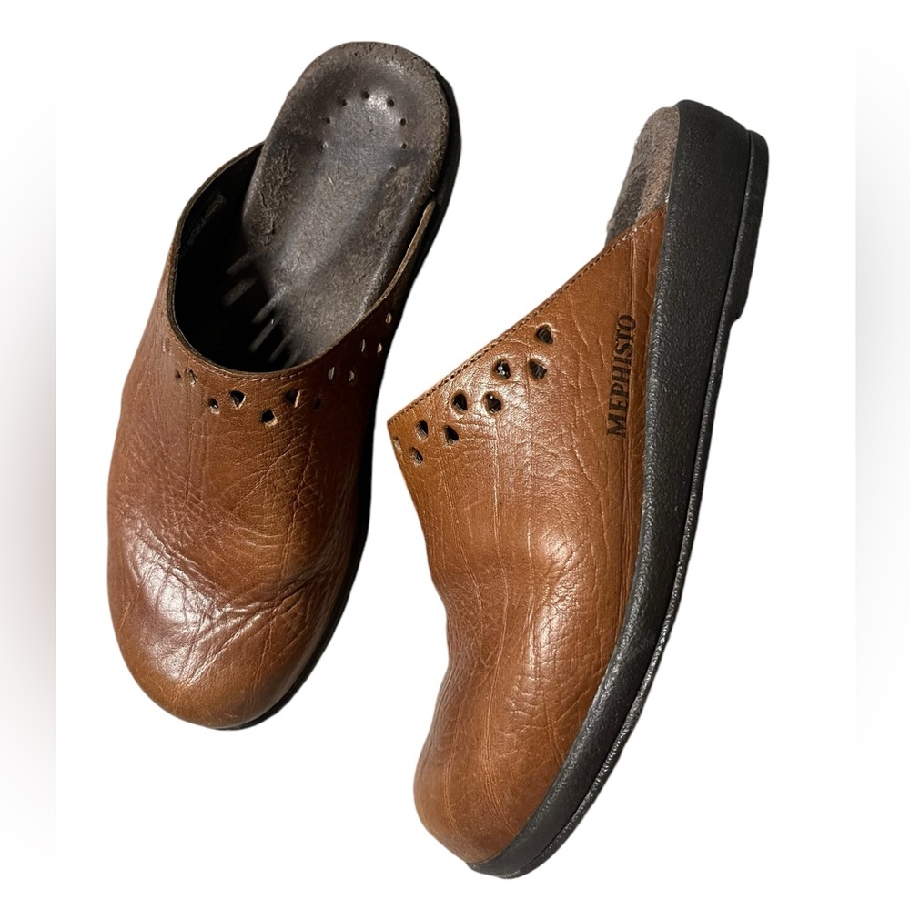 Mephisto Brown Leather Cutout Lagenlook Casual Boho Slip On Mule Comfort Clog 37